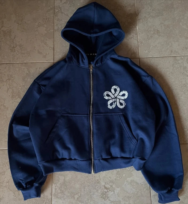 Y2K Retro Harajuku Oversized Cropped Zip Up Hoodie High Street Minimalist Style Flower Graphic Print Men Women Hooded Jacket