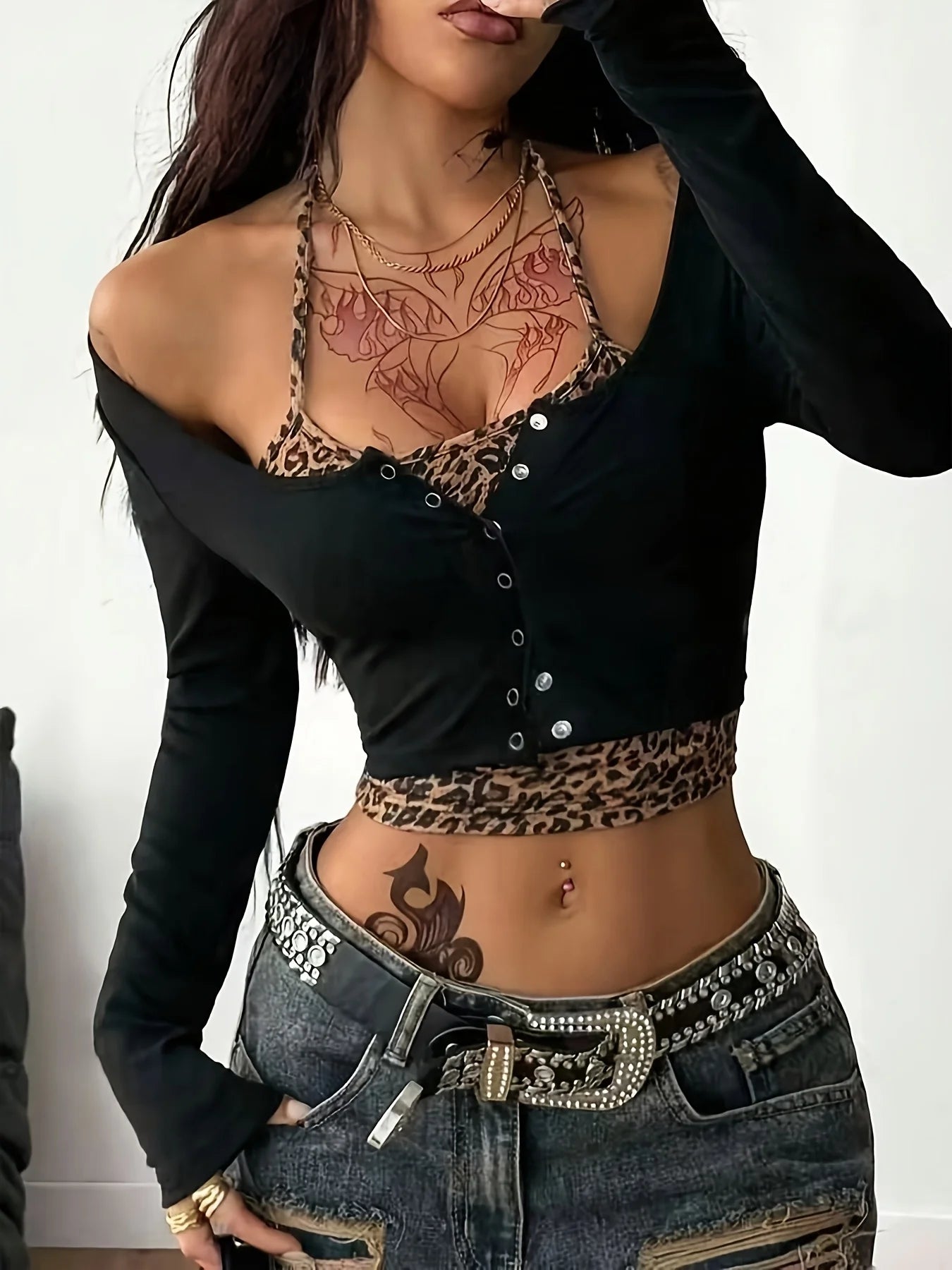 Y2K Punk Leopard Print And Solid Color Contrast Collar Crop Top | Comfortable Slim-Fit Long Sleeve Spring/Fall Season