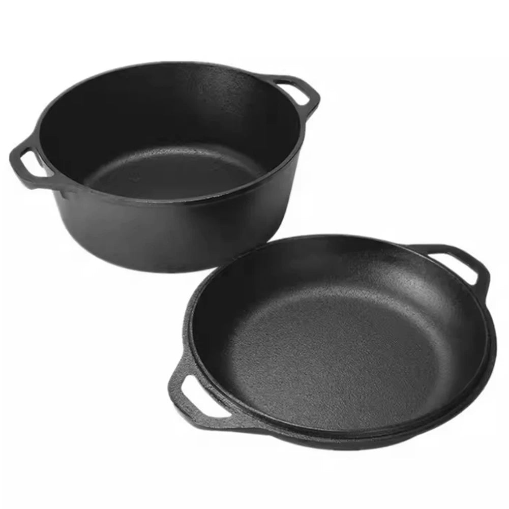 2 in 1 Cast Iron Dutch Oven with Skillet Lid Skillet Cookware Pan Set for Bread Frying Baking Camping BBQ