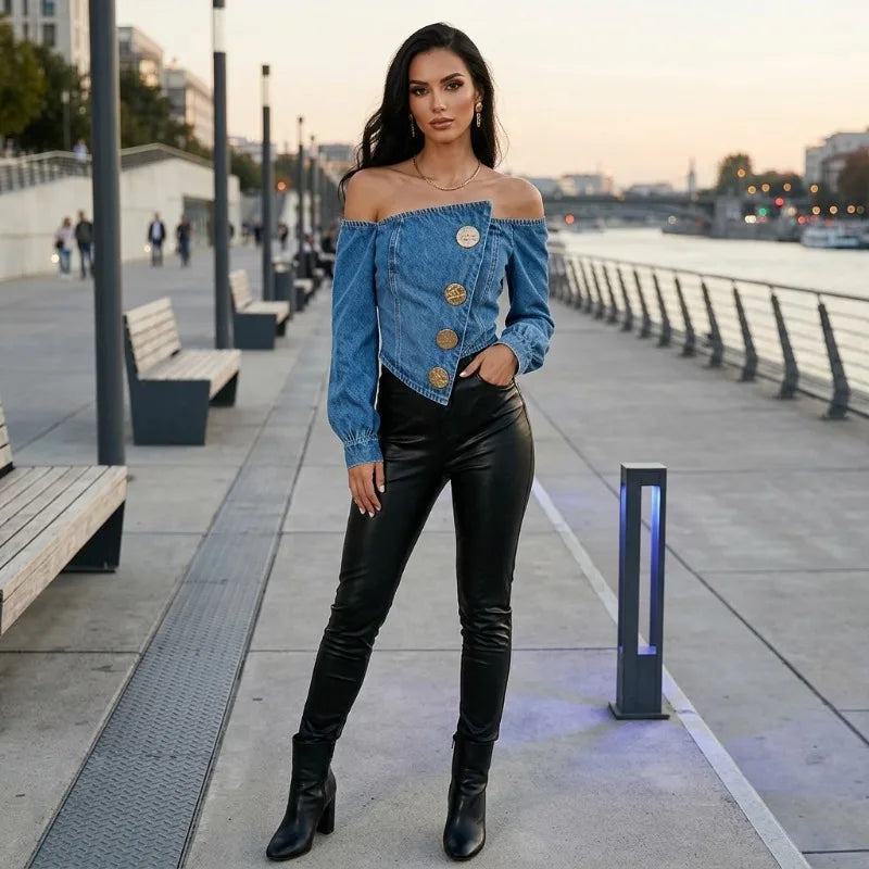UOOZEE Women's Y2K Off Shoulder Denim Crop Tops Fashion Asymmetrical Hem Gold Button Long Sleeves Party Club Jean Blouses