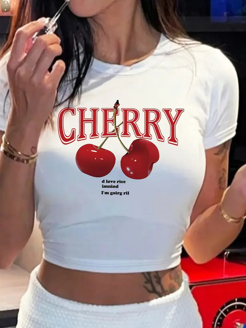 Fashion Cherry Print Crew Neck T-shirt Y2K Short Sleeve Tight Fit Crop Top Spring Summer Women's Clothing