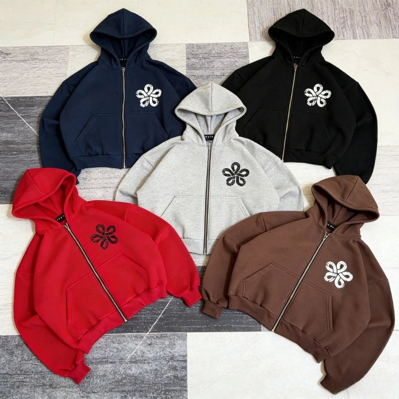 Y2K Retro Harajuku Oversized Cropped Zip Up Hoodie High Street Minimalist Style Flower Graphic Print Men Women Hooded Jacket
