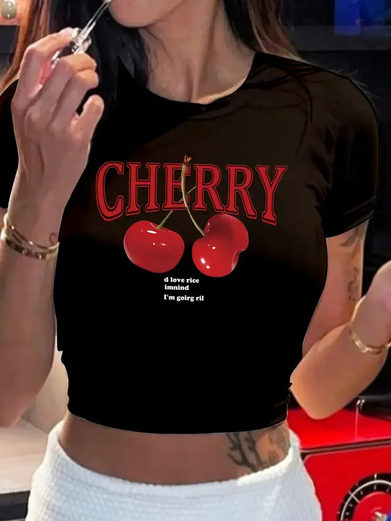 Fashion Cherry Print Crew Neck T-shirt Y2K Short Sleeve Tight Fit Crop Top Spring Summer Women's Clothing