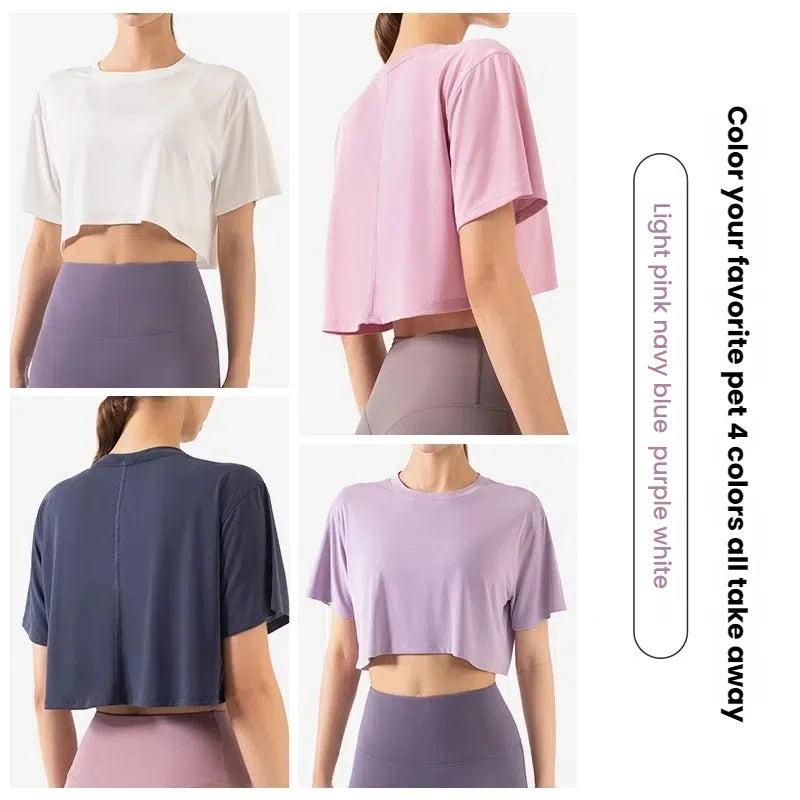 Women's Loose Cropped Quick-Dry Sports Top Yoga Shirt Gym Running Cover Breathable Workout Tee Casual Women's Clothing