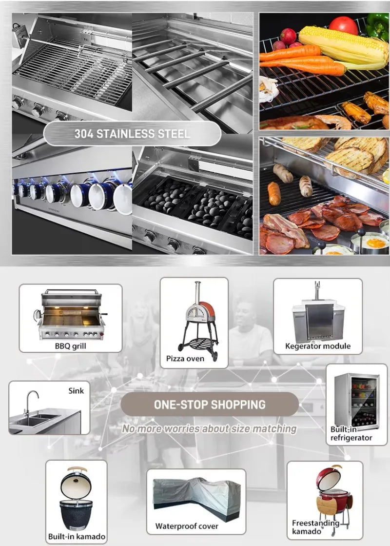 Custom Modern Luxury 304 Stainless Steel Outdoor Kitchen BBQ Grills Black With Roof For Camping Garden Pool Commercial