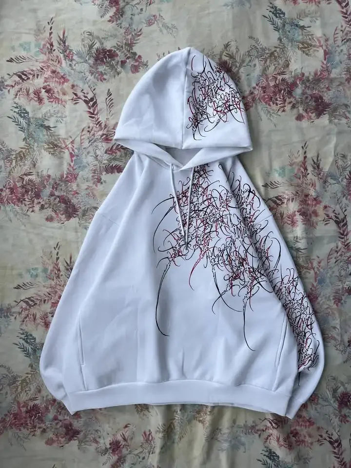 Y2K Fashion Harajuku Gothic Zip Up Hoodie Men Women Minimalist Graffiti Print Oversized Unisex Fit Sweatshirt Streetwear